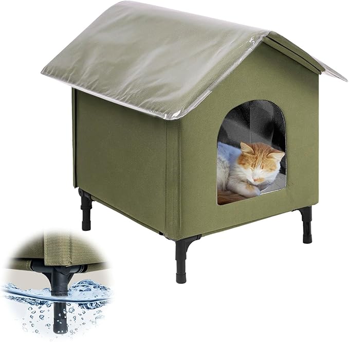 Large Cat House for Outdoor Cats Weatherproof, Indestructible Feral Cat House for Outside, Waterproof Elevated Kitty Pet House with Soft Pad, Extra Roof Cover, Easy Assembly, Barn, Porch