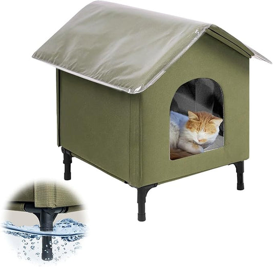 Large Cat House for Outdoor Cats Weatherproof, Indestructible Feral Cat House for Outside, Waterproof Elevated Kitty Pet House with Soft Pad, Extra Roof Cover, Easy Assembly, Barn, Porch
