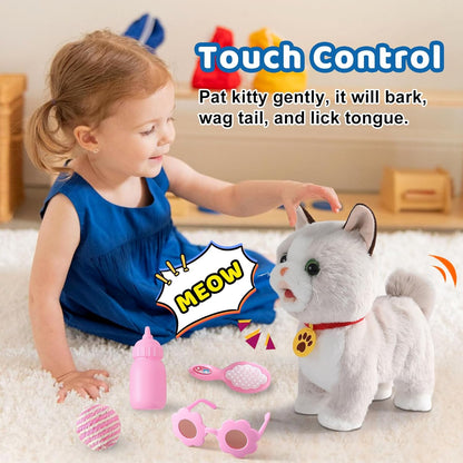 Walking Cat Set Interactive Talking Toy Kitten Repeat What You Say Robot Cat Toy for Girl Singing Dancing Touch Control with Leash Wagging Tail Nodding Plush Electric Ragdoll Kitty for Kid