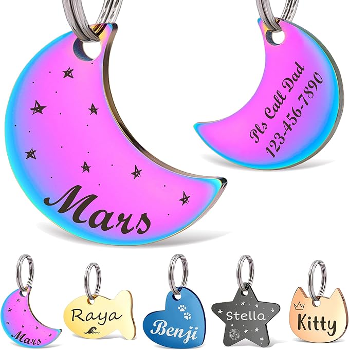 Anavia Small Size Dog Cat ID Tags, Small/XS Personalized Color Plated Stainless Steel Puppy Kitten Name Tags, Customized Engraved Nameplate Pet Collar Tag (Rainbow, Moon)