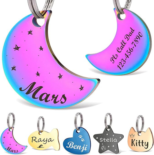 Anavia Small Size Dog Cat ID Tags, Small/XS Personalized Color Plated Stainless Steel Puppy Kitten Name Tags, Customized Engraved Nameplate Pet Collar Tag (Rainbow, Moon)