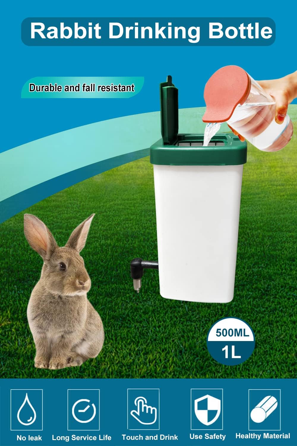 Rabbit Drinker 1000 ml No Drip Small Animal Water Bottle 1L Nipple Drinking Bottle for Rodent Bunny/Ferret/Hamster/Guinea Pig Chicken Pet (1L)
