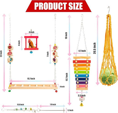 14PCS Chicken Toys for Coop Accessories, Swing Bridge Ladder Mirror Xylophone Toys with Bells Hanging String Vegetable Fruits Skewer Hanging Feeder Chicken Chewing Toy for Hens Chick Bird Parrot