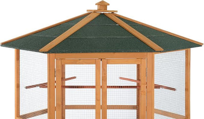 PawHut 69" Large Wooden Hexagonal Outdoor Aviary Flight Bird Cage with Covered Roof, Brown