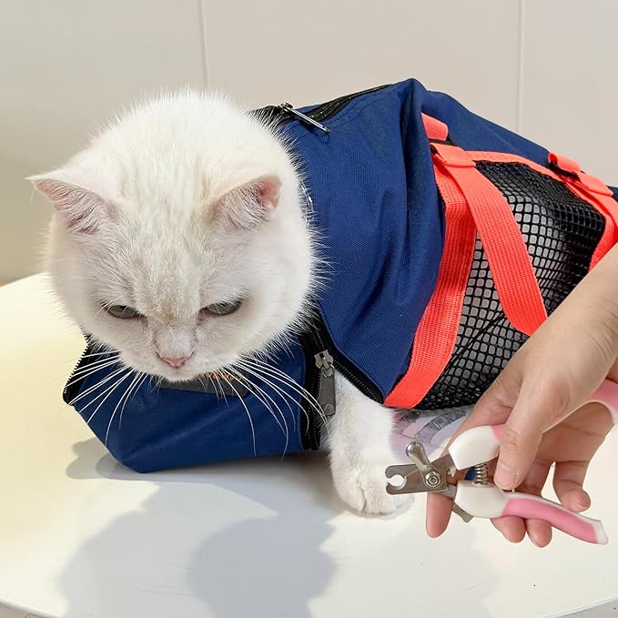 Cinf Cat Nail Clipping Cleaning Grooming Restraint Bag (Free Muzzle) Set No Scratching Biting for Bathing Nail Trimming Injecting Examining(Navy Blue,L)