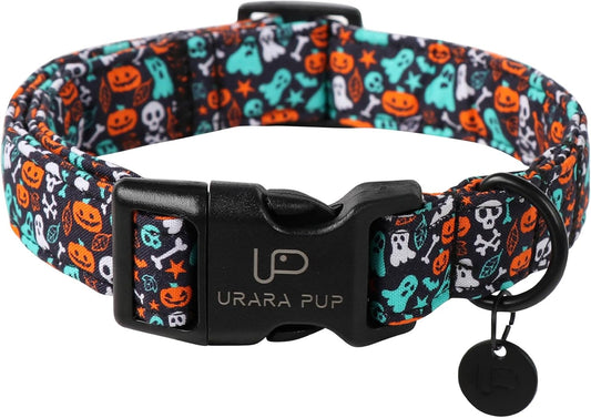 Halloween Dog Collar, UP URARA PUP Cotton Skull Ghost Dog Collar for Small Dog, Fall Pet Collar with Halloween Elements Pattern, Adjustable Puppy Collare,S