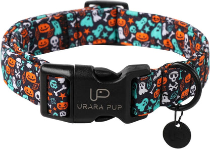 Halloween Dog Collar, UP URARA PUP Cotton Skull Ghost Dog Collar for Small Dog, Fall Pet Collar with Halloween Elements Pattern, Adjustable Puppy Collar,XL