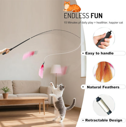 Retractable Cat Teaser Wand, 3 PCS Fishing Pole Cat Toys with 18 Feather Toy Refills, Interactive Cat Toys for Indoor Cats Play & Exercise