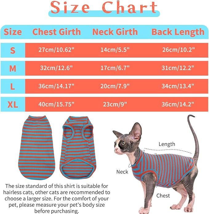 BRKURLEG Hairless Cats T Shirt, Cat Sweaters, Pullover Kitten Shirts, Sleeveless Round Collar Cotton Vest for Cornish Rex Devon Rex Peterbald and Small Dogs Sweater(OrangeBlue Stripes, XL)