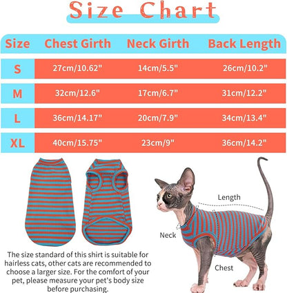 BRKURLEG Hairless Cats T Shirt, Cat Sweaters, Pullover Kitten Shirts, Sleeveless Round Collar Cotton Vest for Cornish Rex Devon Rex Peterbald and Small Dogs Sweater(OrangeBlue Stripes, M)