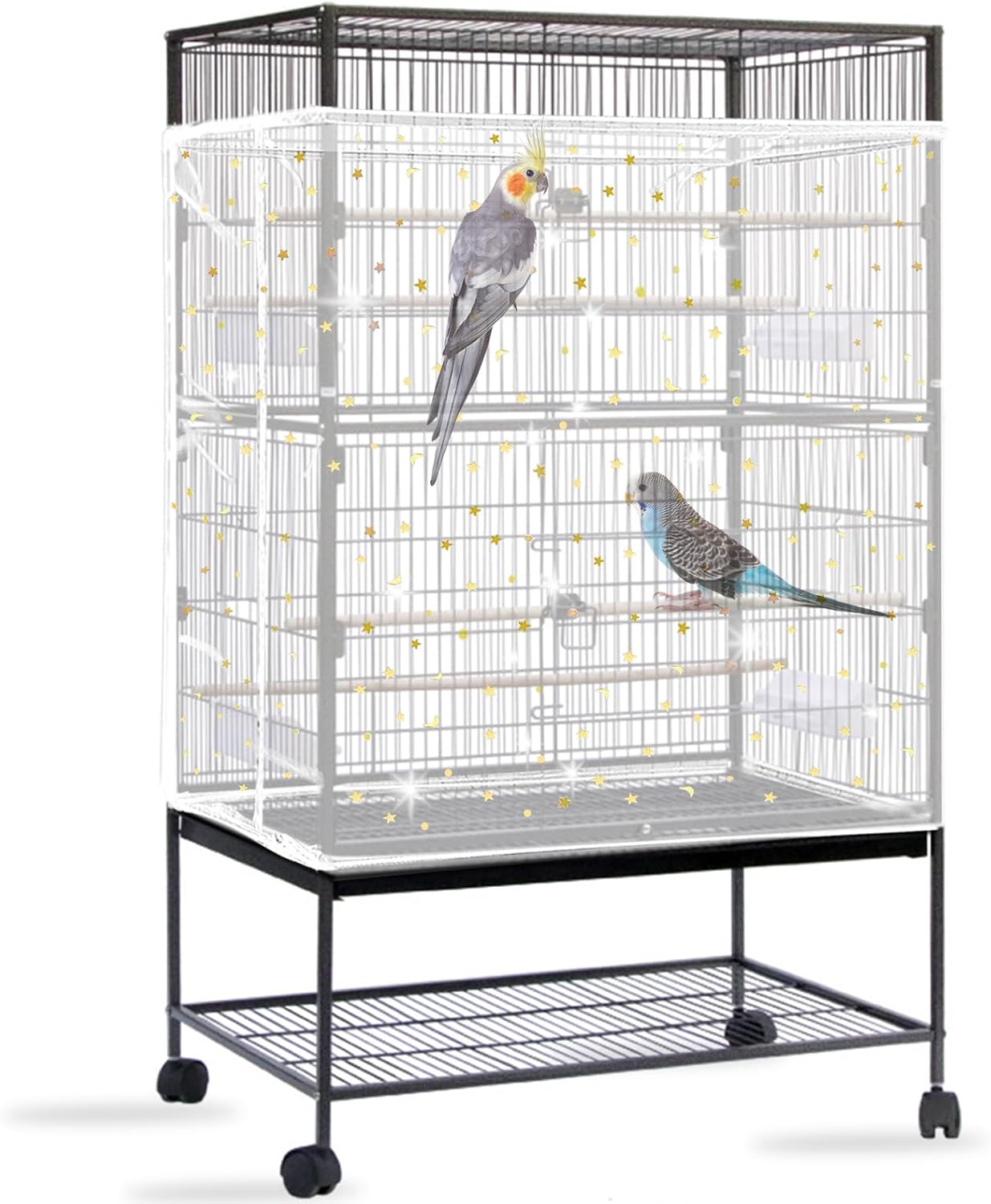 Daoeny Bird Cage Seed Catcher, Large Bird Cage Cover, Adjustable Soft Airy Nylon Mesh Net, Birdcage Cover Skirt Seed Guard for Parrot Parakeet Macaw African Round Square Cages (White, Sequins Star)