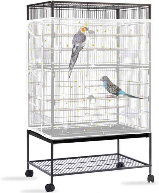 Daoeny Bird Cage Seed Catcher, Large Bird Cage Cover, Adjustable Soft Airy Nylon Mesh Net, Birdcage Cover Skirt Seed Guard for Parrot Parakeet Macaw African Round Square Cages (White, Sequins Star)