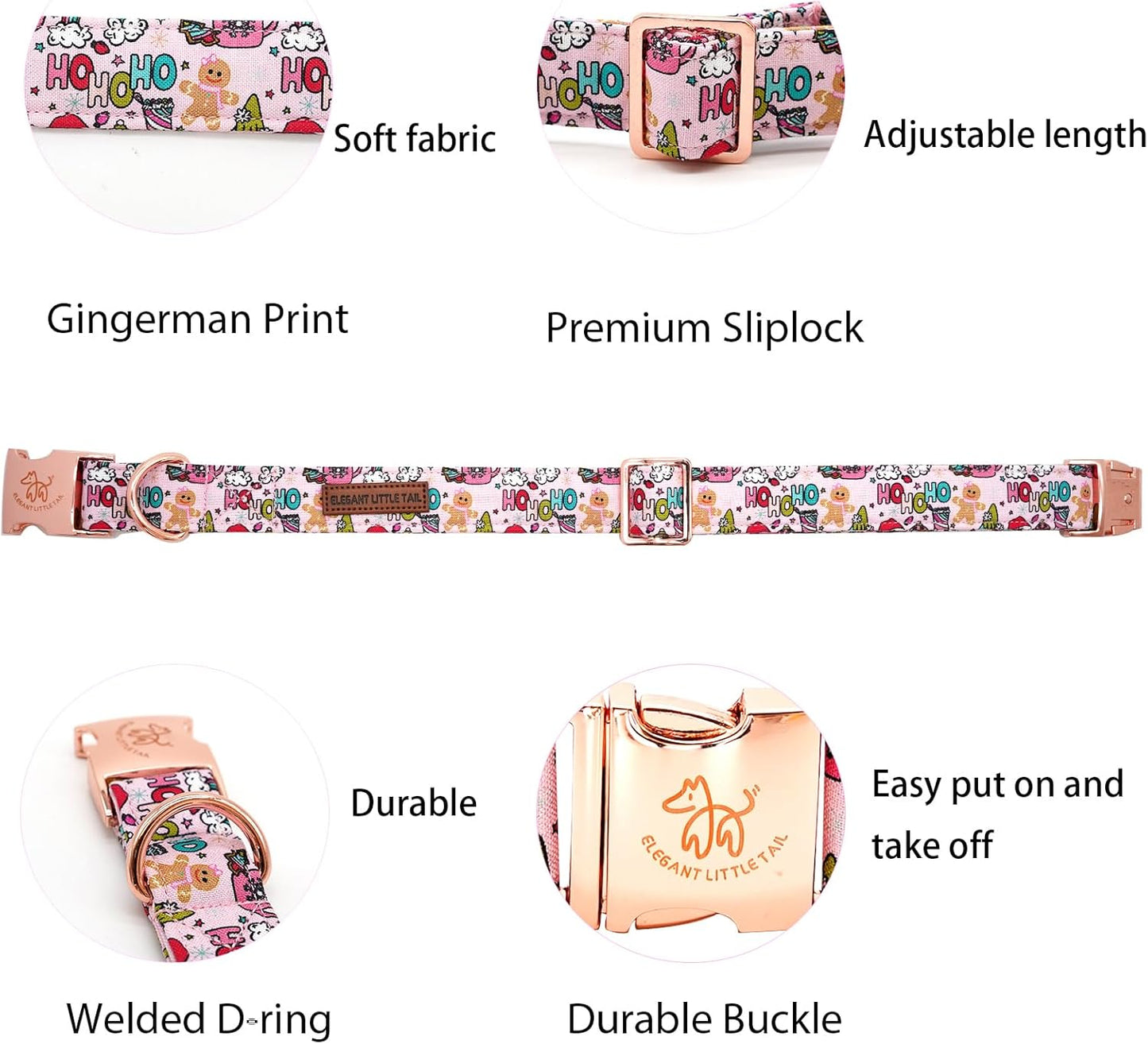 Elegant little tail Christmas Dog Collar, Pink Gingerbread Man Print Pet Collar Dog Durable Cute Dog Collars Winter Holiday Male or Female Pet Gift Adjustable Dog Collar for Large Dogs