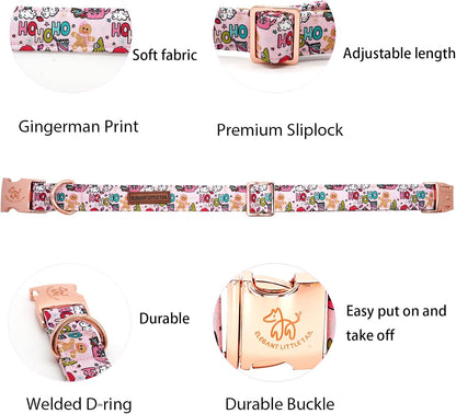 Elegant little tail Christmas Dog Collar, Pink Gingerbread Man Print Pet Collar Dog Durable Cute Dog Collars Winter Holiday Male or Female Pet Gift Adjustable Dog Collar for Large Dogs