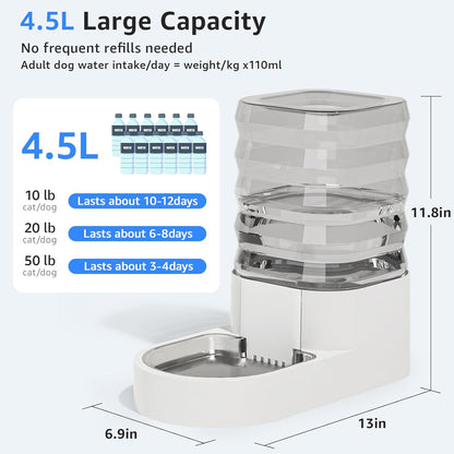 Gravity 4.5L Dog and Cat Water Bowl Dispenser, Automatic Stainless Steel Dog Water Bowl, 100% BPA-Free, Self-Filling Large Capacity Pet Water Feeder for Dogs and Cats