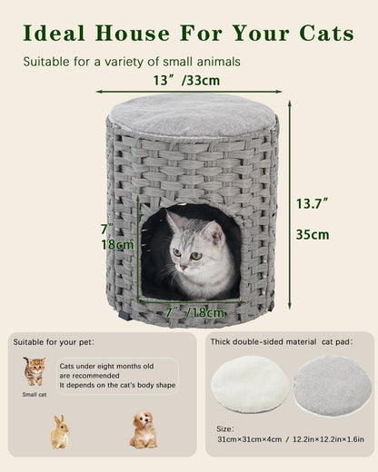Cat House for Indoor Cat, Small Cat Houses Handwoven PE Rattan Kitten Cave, Pet Kitten Bed Covered, One Bed Pad, 13 x 13 x 13.7 Inches, Foldable Hideaway in Living Room Gray
