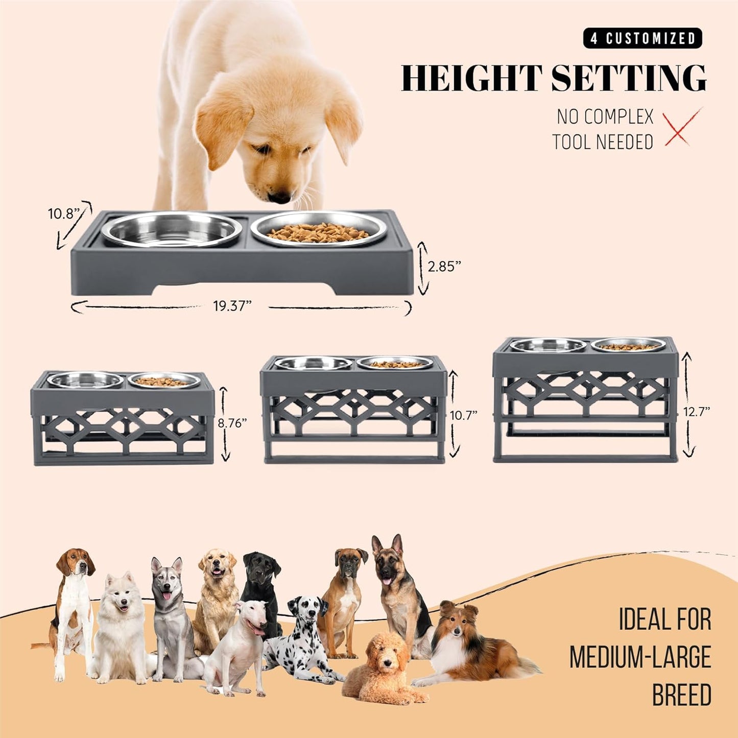 AVERYDAY Large Dog Bowls Elevated, 4 Height Adjustable Raised Dog Bowl Stand with 2 Stainless Steel Food and Water Bowls Set, Tall Dogs Feeding Station with Anti-Slip Base for Medium Large Breeds Dogs