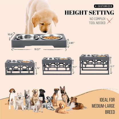 AVERYDAY Large Dog Bowls Elevated, 4 Height Adjustable Raised Dog Bowl Stand with 2 Stainless Steel Food and Water Bowls Set, Tall Dogs Feeding Station with Anti-Slip Base for Medium Large Breeds Dogs