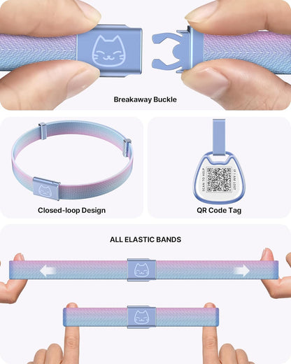 Cat Collar with QR Code Name Tag, Breakaway Kitten Collar for Boy & Girl Cats, Ultra Soft Elastic Adjustable Band, Safety Break Away Buckle, Comfortable & Secure Pet ID Collar (6"-12"), Iridescent