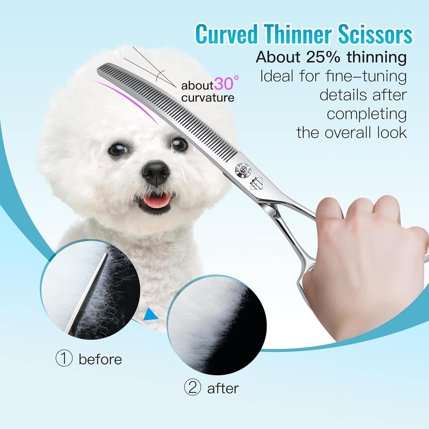 Professional Curved Thinning Scissors for Dog Grooming, 30-Degree Curvature, Japanese 440C for Trimming Dogs Cats and Other Pets face and paws (Curved Thinner)