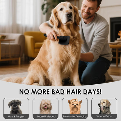 Large Dog Slicker Brush & Comb Set with Leather Sleeves - Long Pin Deshedding Brush for Golden Retrievers, Poodles, Doodles & Thick Coats, Wood Handle Pet Grooming Kit for Dogs, Cats. Black