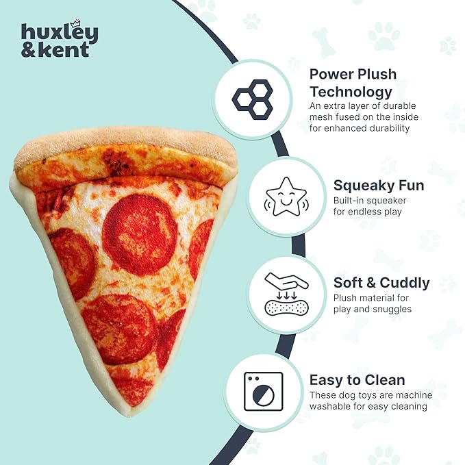 Huxley & Kent Funny Dog Toy w/Squeaker – Power Plush Squeaky Dog Toys for Small, Medium & Large Dogs – Soft Stuffed Animal for Indoor Play & Fetch - Pup-eroni Pizza, Large
