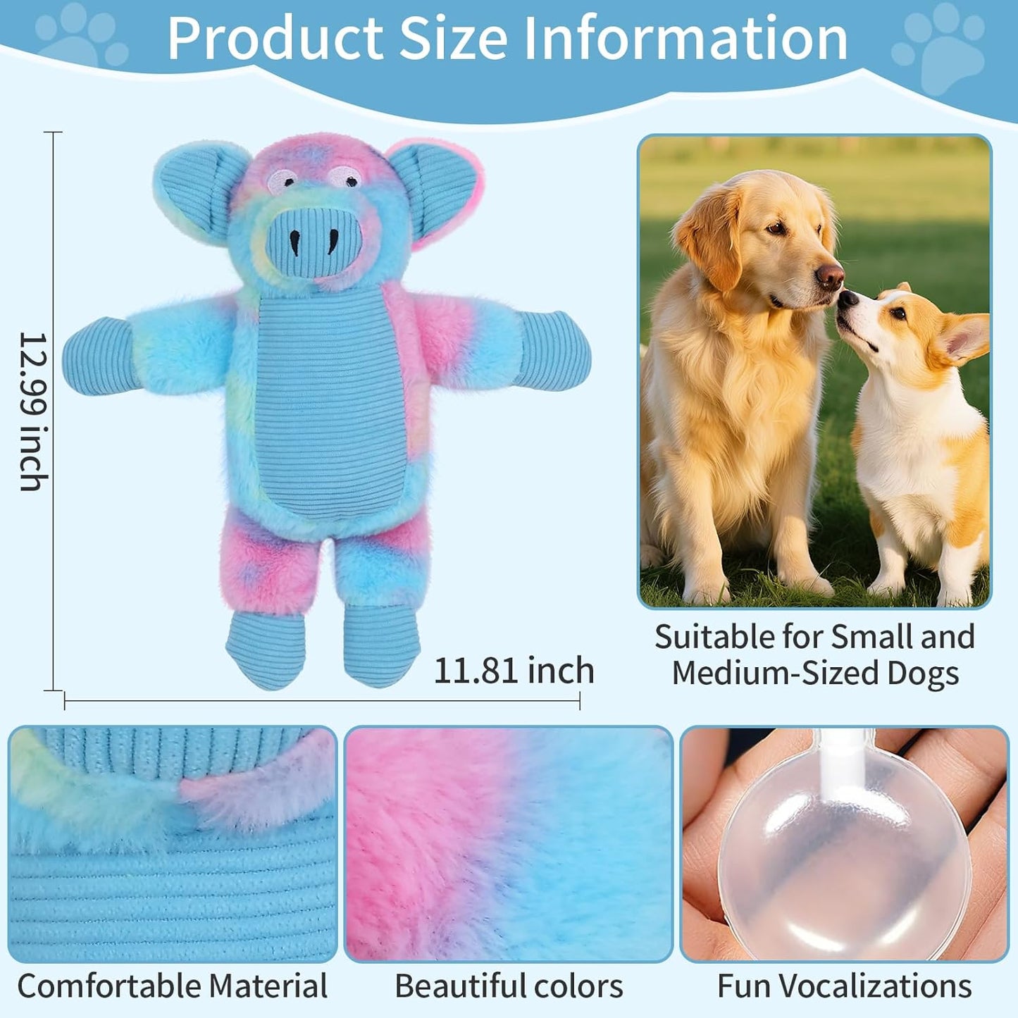 Dog Toys Plush, Squeaky Stuffed Dog Toy, Rainbow Pig Dog Toys for Small Medium Breeds, Soft Dog Plush Toy, Puppy Teething Dog Toy, Interactive Dogs Toy for Indoor Dogs(Blue)