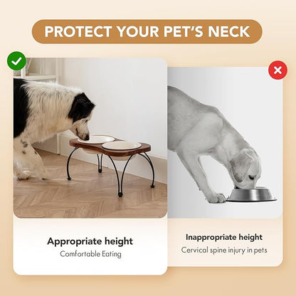 Ceramic 7.1-inch Raised Double-Bowl Set with Non-Slip Stand, Food & Water Dishes for Medium and Large Dogs, Wide Opening with Rounded Edges(Matt White)