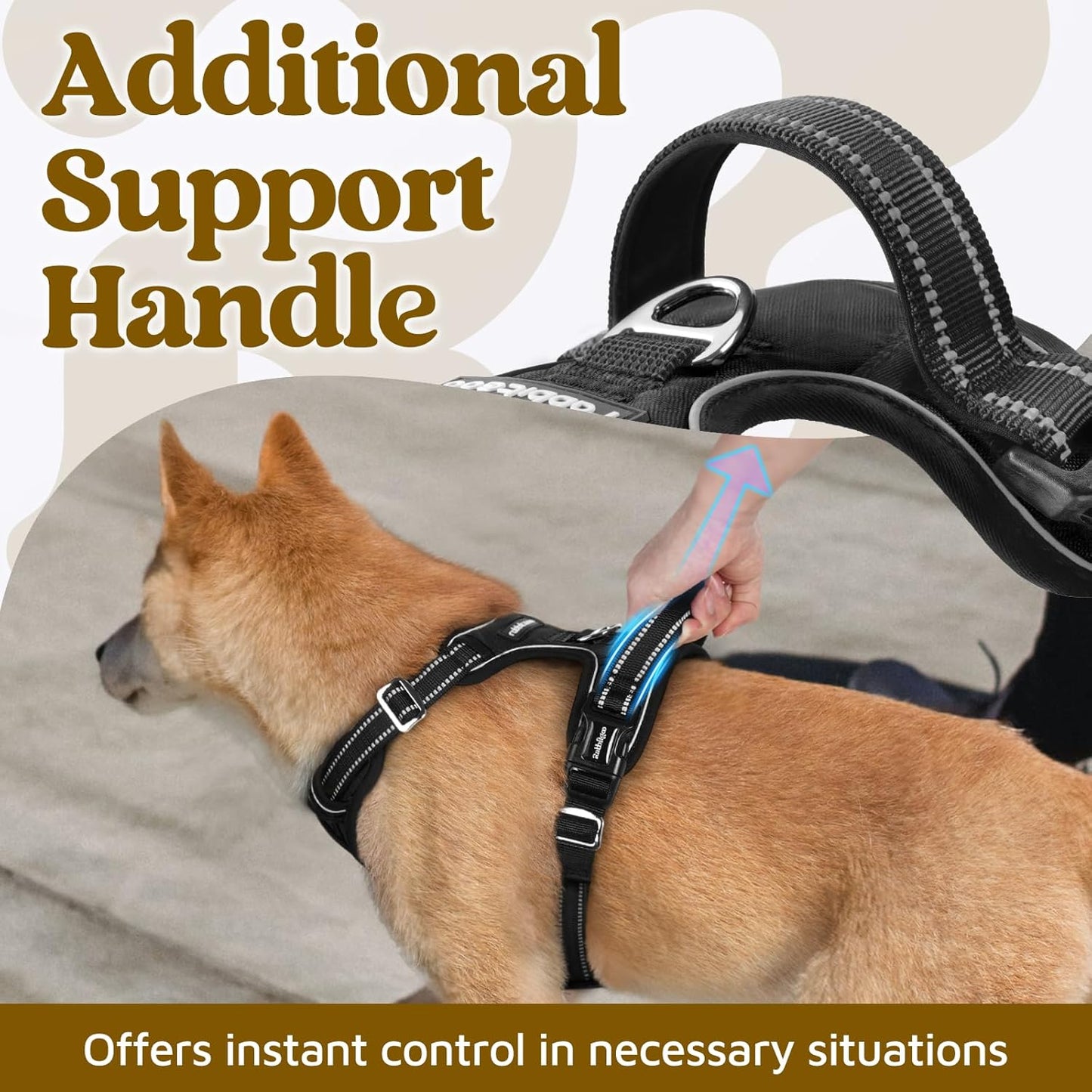 rabbitgoo Dog Harness for Large Dogs, No Pull Pet Vest with 3 Buckles, Adjustable Soft Padded Pet Harness with Easy Control Handle and Reflective Strips, Black, L