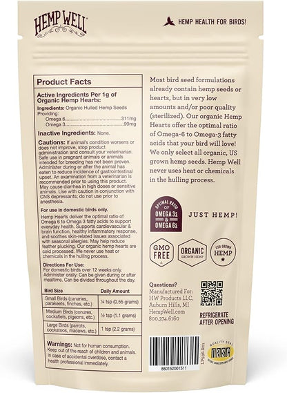 Hemp Well Organic Hemp Hearts for Birds - Reduces Feather Plucking, Promotes Relaxation, Immune Support, Organic, USA Grown, GMO Free – 8 Ounces