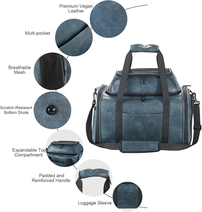 Premium Leather Top Expandable Pet Carrier for Small Dogs & Cats Under 15 lbs, Airline Approved Collapsible Soft-Sided Luxury Travel Bag Blue