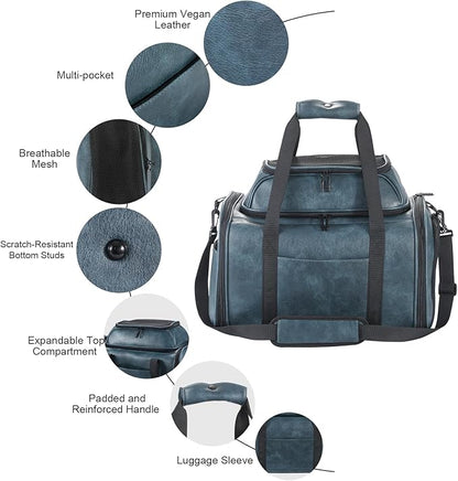Premium Leather Top Expandable Pet Carrier for Small Dogs & Cats Under 15 lbs, Airline Approved Collapsible Soft-Sided Luxury Travel Bag Blue