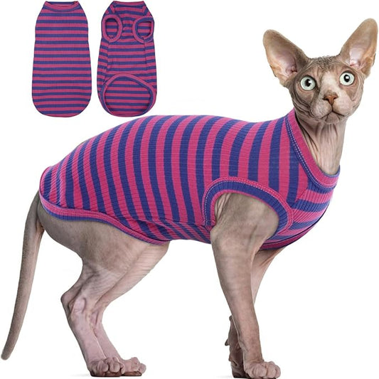 BRKURLEG Sphynx Hairless Cats Shirt Puppy Clothes Soft Cotton T-Shirts Cute Cats Pajamas Cat Stripes Vest Pet Sweater, Round Collar Vest Kitten Shirts(PinkBlue Stripes, S)