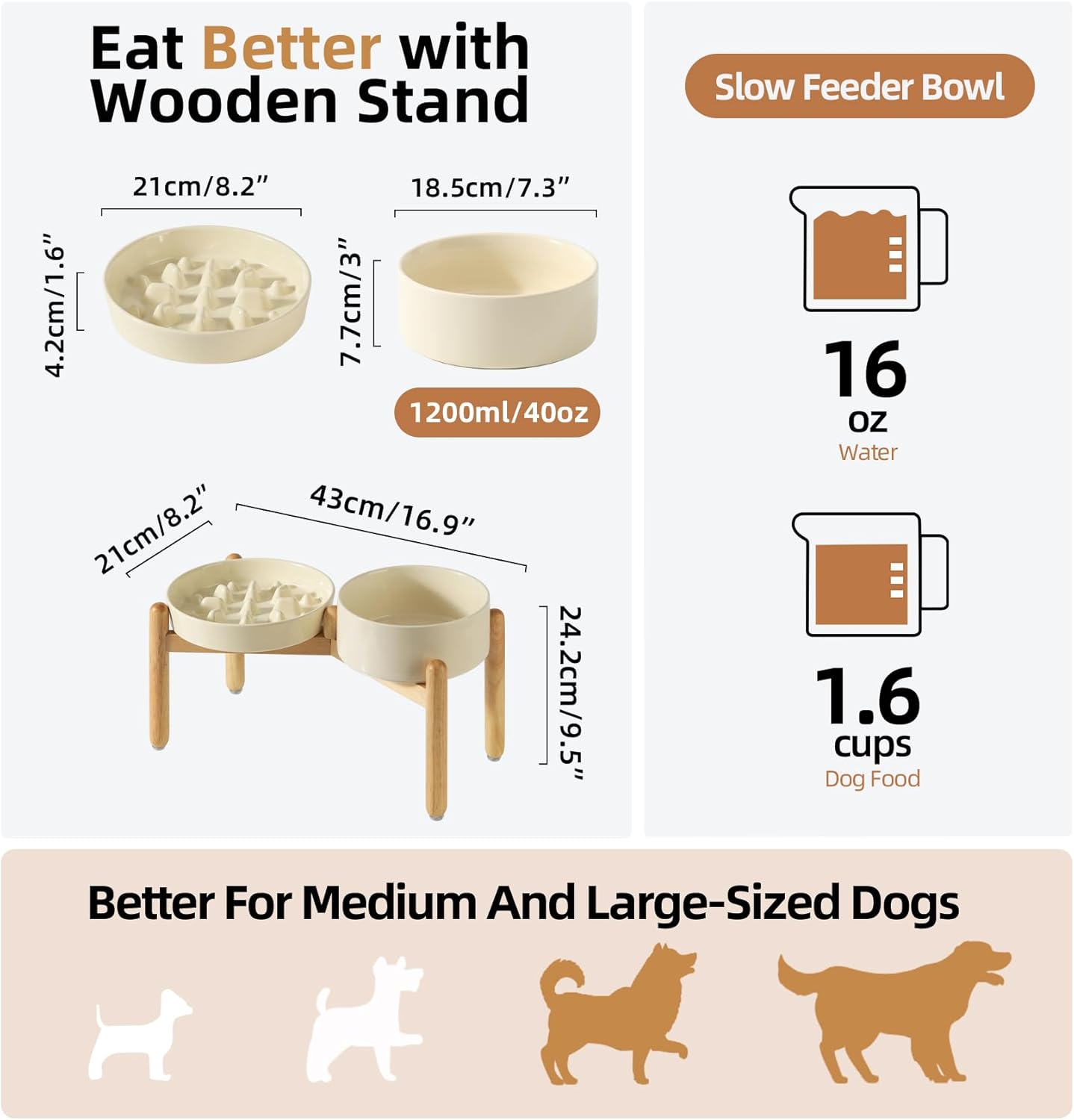 Ceramic Raised Slow Feeder Dog Bowl Set, Elevated 7.3inch Bowl and 8.2inch Slow Pet Food Dish with Wooden Stand for Medium and Large Dog (2 x Beige+ Stand)