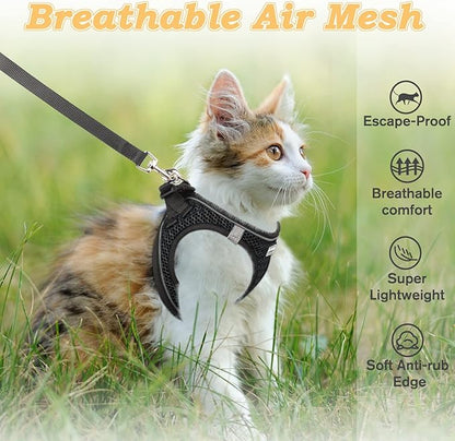 Cat Harness and Leash for Walking Escape Proof, Adjustable Kitten Vest Harness Reflective Soft Mesh Puppy Harness for Outdoor, Comfort Fit, Easy to Control (Black, M)