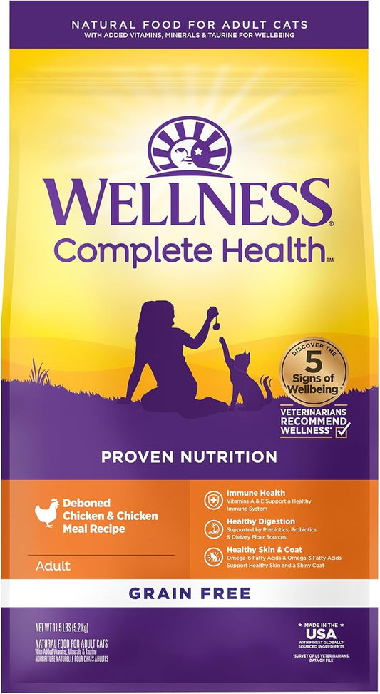 Wellness Complete Health Adult Dry Cat Food for Indoor and Outdoor Cats, Grain Free, Natural, Chicken & Chicken Meal (11.5 Pound Bag)