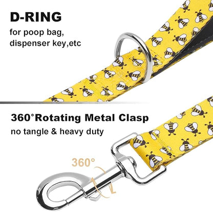 4ft Dog Leash with Two Padded Handles, Heavy Duty Strong Nylon Pet Leash with Soft Neoprene Handle for Small Medium Large Dogs, Yellow Bee