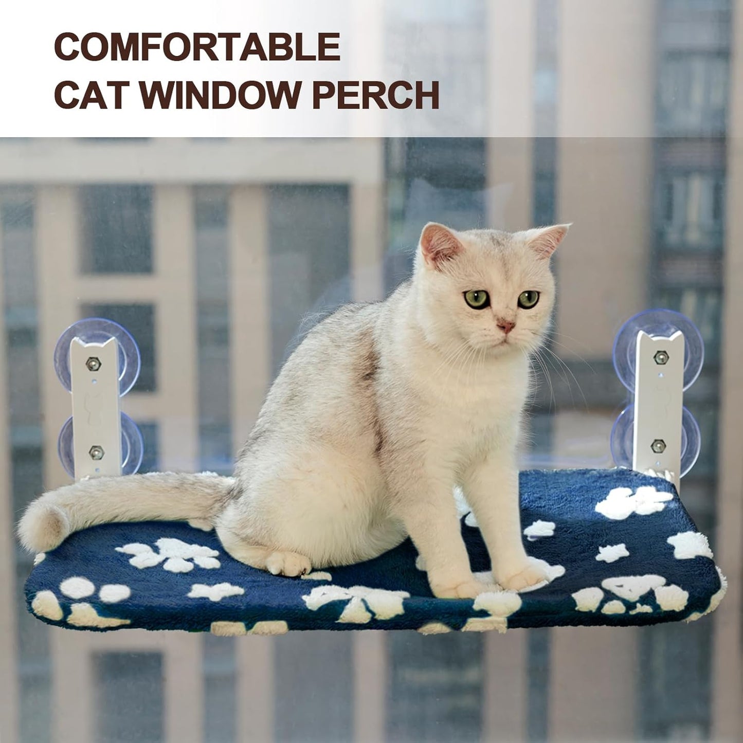 Cat Window Perch, Foldable Cat Window Hammock with Cute 3D Textured Flower Cover and Strong Suction Cups, Cordless Window Seat Bed for Indoor Cats (Navy Paw, Large)