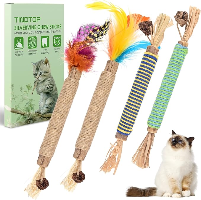 TINDTOP Catnip Chew Toys for Cats, 4 Pack Natural Silvervine Sticks for Kittens Teeth Cleaning, Matatabi Dental Care, Increase Appetite, Aggressive Chewers Cat Dental Toy