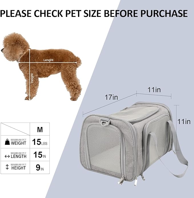 Henkelion Cat Carriers Dog Carrier Pet Carrier For Small / Medium Cats Dogs Puppies (Up To 15lbs), TSA Airline Approved Small Dog Carrier Soft Sided, Collapsible Waterproof Travel Puppy Carrier - Grey