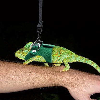 Bearded Dragon Harness and Leash Set, 3 Size Adjustable Soft Leather Reptile Leash, Lizard Harness with Retractable, Small Animal Outdoor Walking Vest with Traction Rope, 3 Pack (Green)