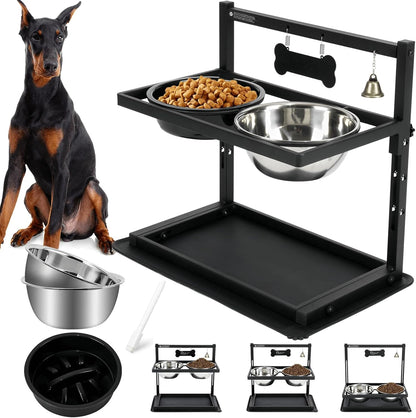 Elevated Dog Bowls with Slow Feeder for Large Dogs – Adjustable Raised Stand with 2 Stainless Steel Bowls & Spill-Proof Mat, Non-Slip Dog Feeder for Large & Medium Dogs (Black)