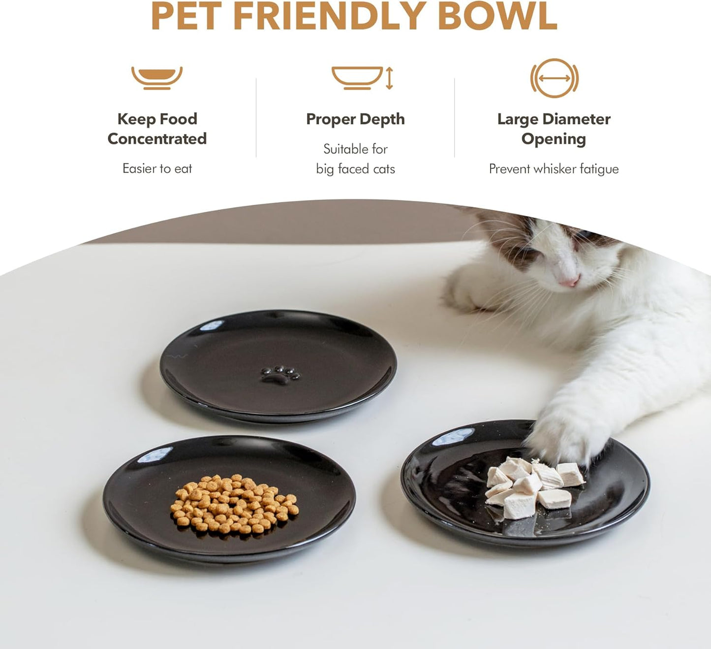 6.1'' Ceramic Wide Cat Dishes, Set of 3 Ceramic Cat Bowls, Indoor Kitten Feeding Wet & Dry Shallow Food Dish Anti Whisker Fatigue(3 Pcs, Black)