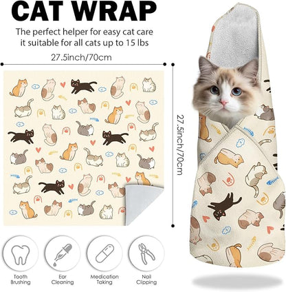 27.6" Cat Grooming Wrap, Self Adhesive Cat Wrap for Cutting Nails, Anti-Escape Calming Cat Swaddle Wrap for Medicine Ear Cleaning, Anti-Scratch Cats Burrito Restraint Blanket, Pet Tool (6-10 lbs)