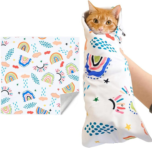 21.7" X 21.7" Rainbow Cat Grooming Wrap for Cutting Nails Self-Adherent Fabric Wrap for Cats Anti-Scratch Anti-Escape Grooming Bag Pet Tool