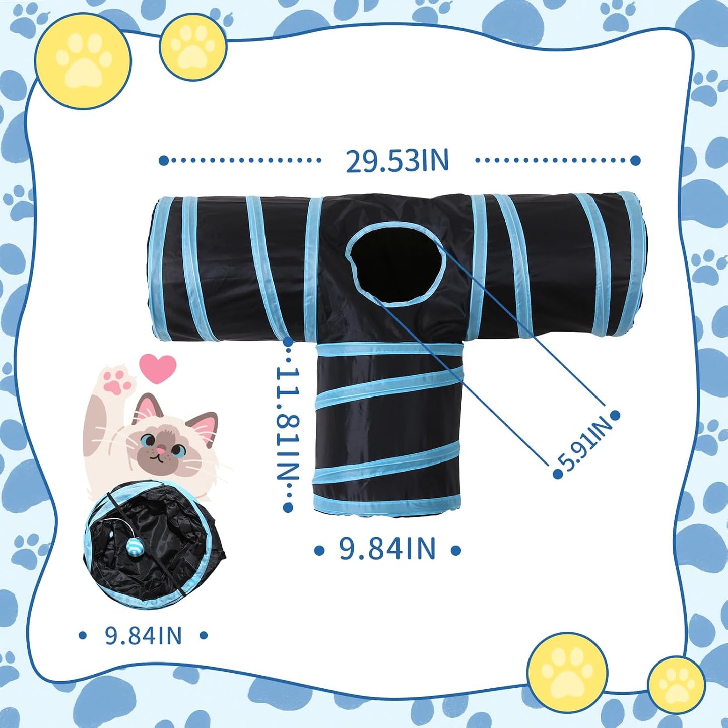 Pet Cat Tunnel, T-3 Way Tunnels for Indoor Cats, Collapsible Pet Tunnel for Kitten, Puppy, Rabbit, 25cm-Wide Tunnels, Durable & Breathable, with Peek Hole Toy Ball