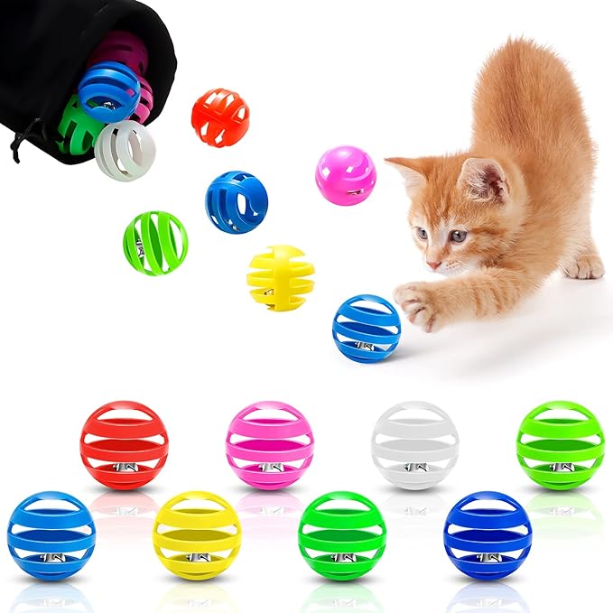 Kasyat 21 Pieces Plastic Cat Balls with Bells Bulk Inside Kitten Chase Toys Lattice Pounce Rattle Ball with Black Plush Drawstring Bag for Cat Exercise and Play Indoor