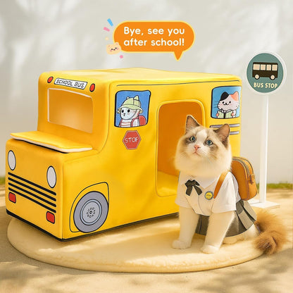 Cute Cat Beds Kitten Beds, Soft Small Dog Beds, Washable Pet Beds for Puppy and Kitty, Funny School Bus Cat Cave, 23 Inches