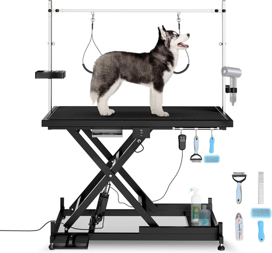 Electric Lift Dog Grooming Table, Upgrade 50 Inch Heavy Duty Professional Pet Grooming Table with Tool Organizer for Large Dogs at Home with Adjustable Overhead Arms and 2 Grooming Noose, Black