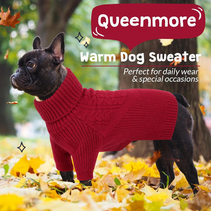 Queenmore Dog Sweater, Puppy Sweater for Small Dogs,Warm Winter Fall Dog Sweaters for Dog Girls Boys, Solid Turtleneck Knit Sweater for Large Medium Dogs,Long Sleeves Christmas Dog Sweater Red,L